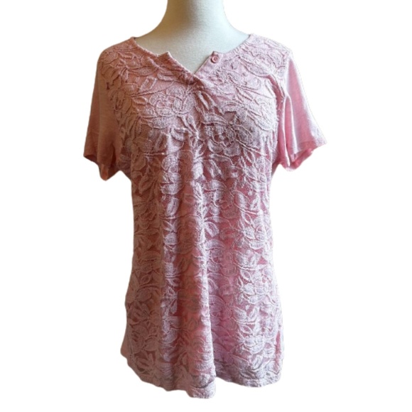 NINE WEST VINTAGE AMERICA T-Shirt Top Lace Short Sleeves Pink Large - Picture 1 of 8